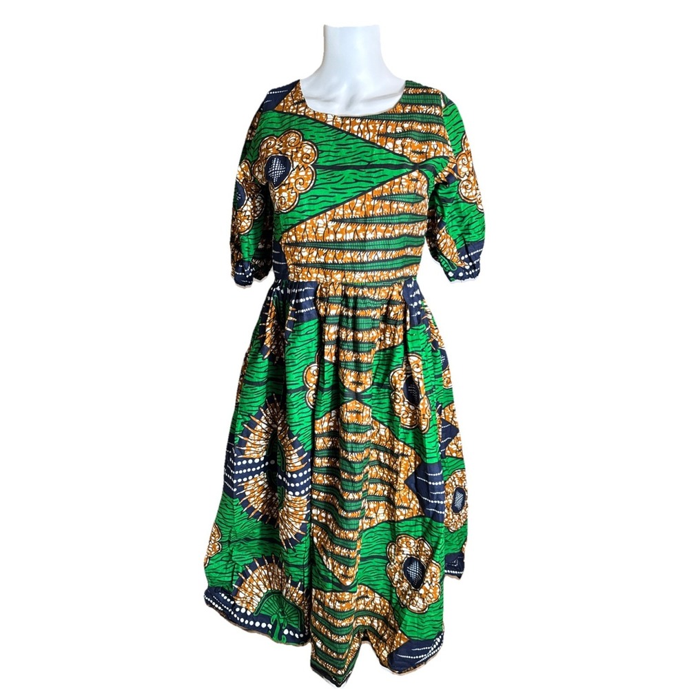 African Wax Print Ankara Midi Dress Green Gold Floral Puffy Sleeve Women